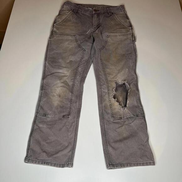 Vintage Carhartt Double Knee Work Pants Gray Distressed Paint Stains Rip W30 L28 - Picture 8 of 15